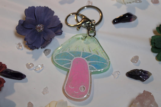 Pink, blue, and green mushroom keychain