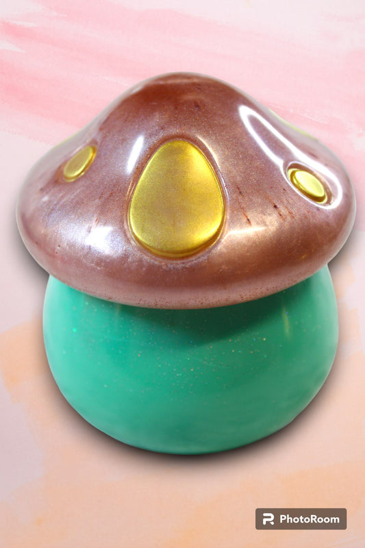 Cute small pink gold and green mushroom trinket jar